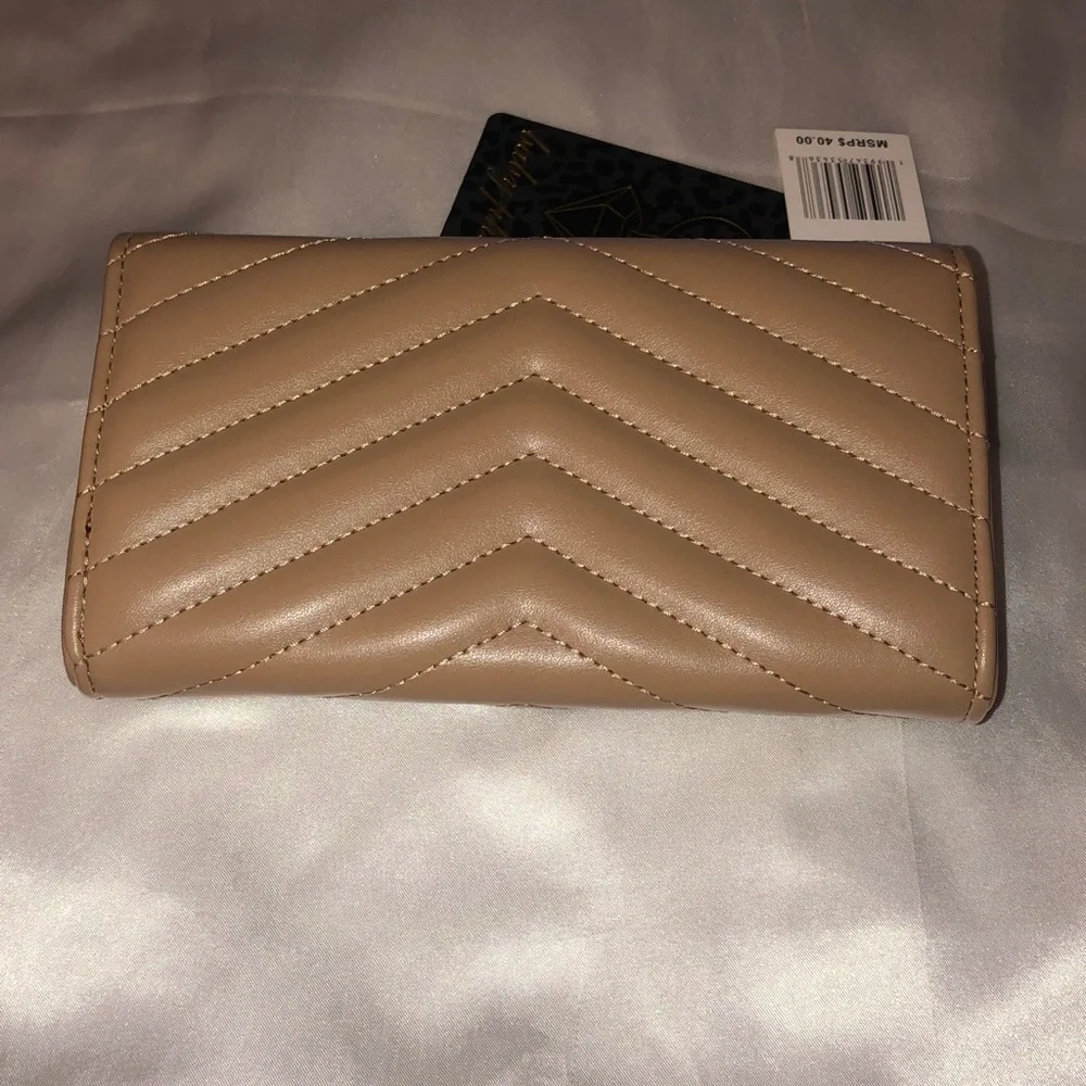 Baby Phat Tan Faux Leather Quilted Chevron Flap Clutch Wallet Cat Logo NWT